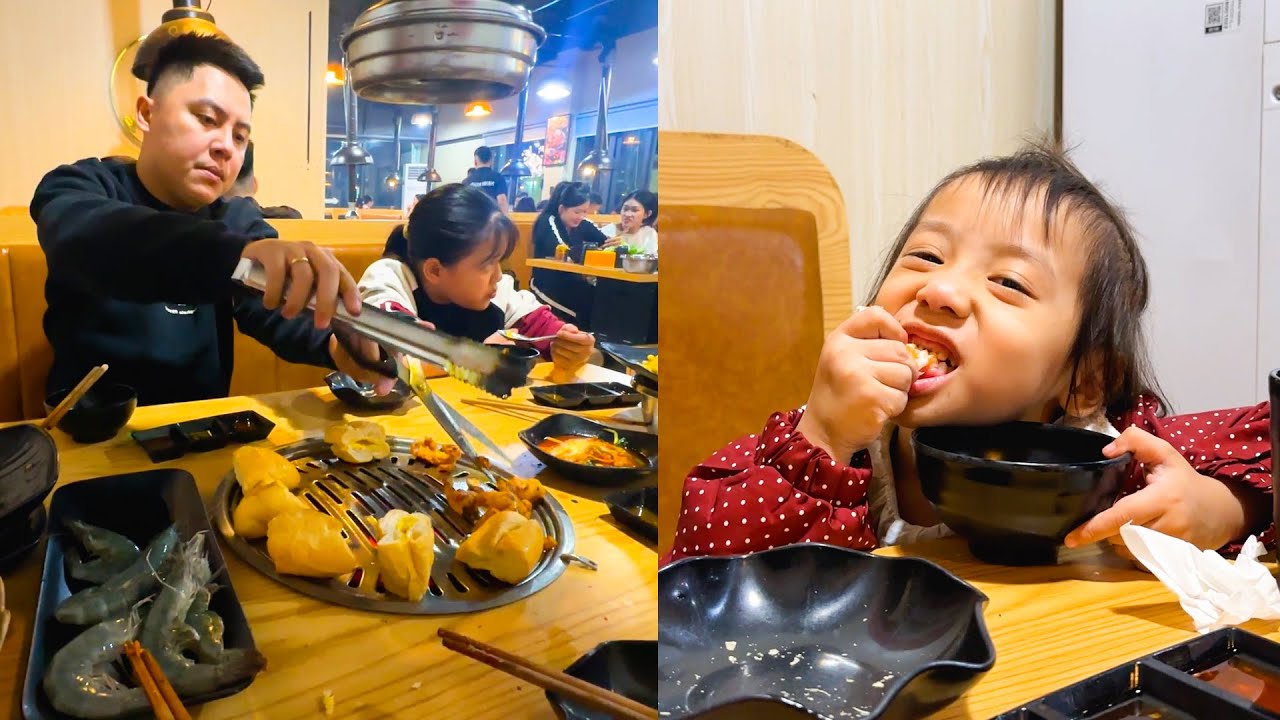 Diem and Quynh were so happy to be taken out for grilled food by dad