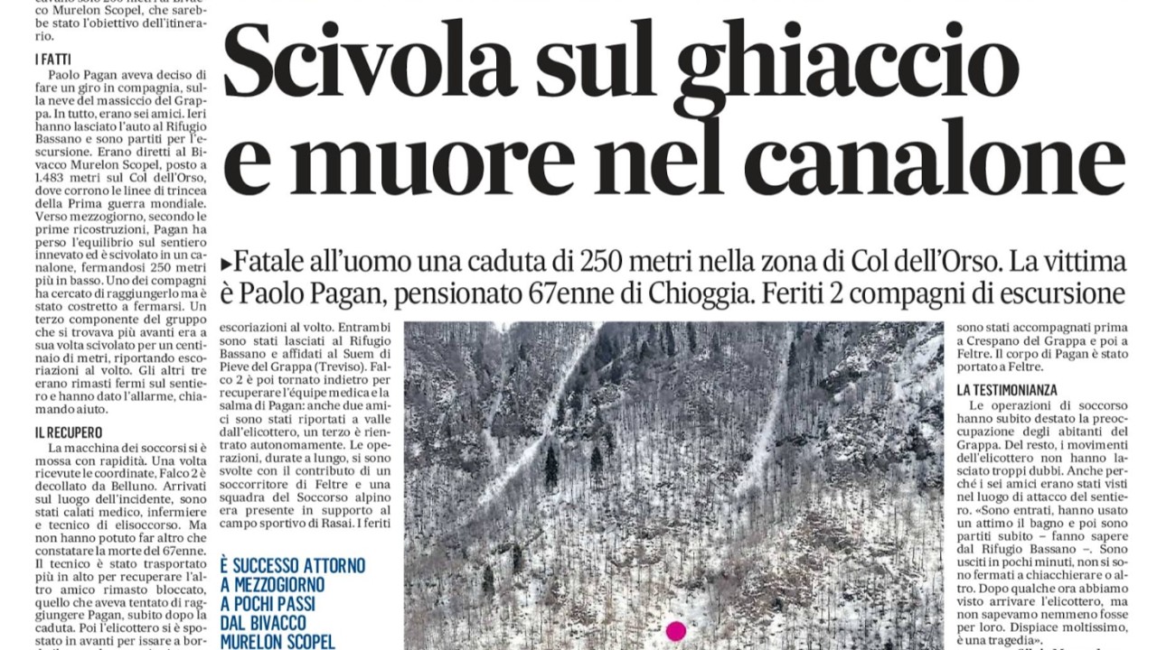Tragedia a Seren del Grappa. Scivola e muore nel canalone