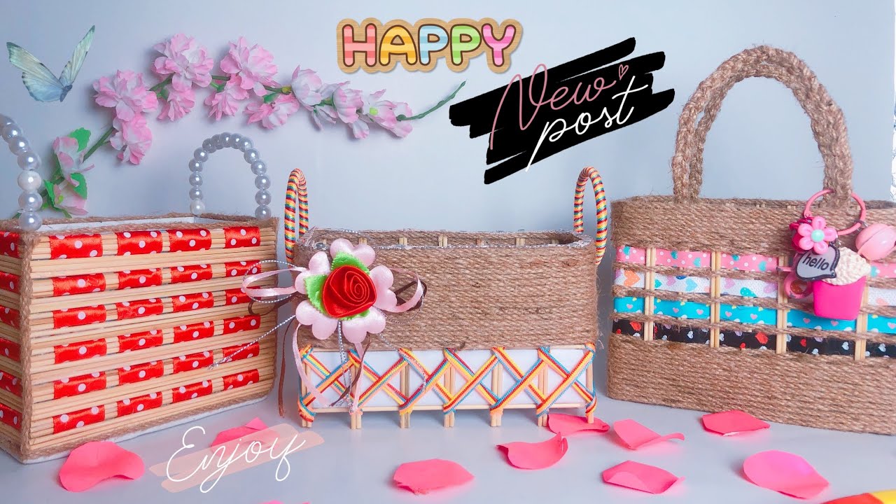 3 DIY basket with wooden skewer and rope/ Handmade craft ideas/ Just craft ideas.