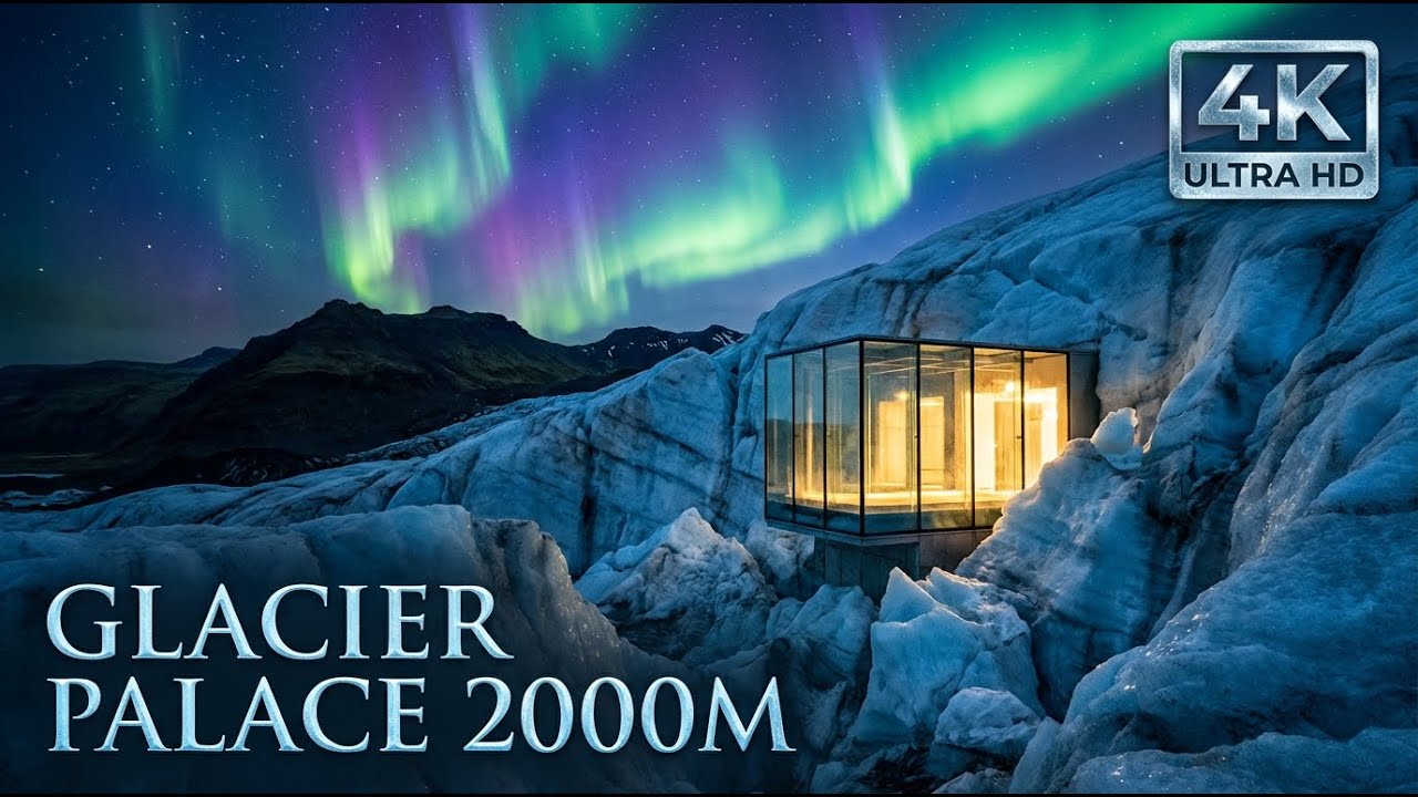 아이슬란드 2000미터 빙하 속 유리 궁전 | 오로라 아래 150미터 얼음 안 저택 4K | Living Inside Iceland Glacier