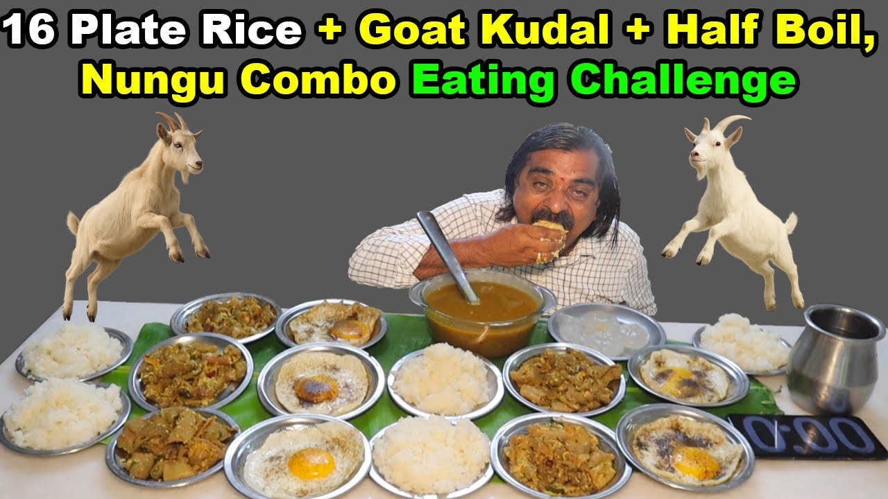 16 Plate Rice + Goat Kudal + Half Boil + Nungu Combo Eating Challenge – Real Tamil Virunthu! #foodie