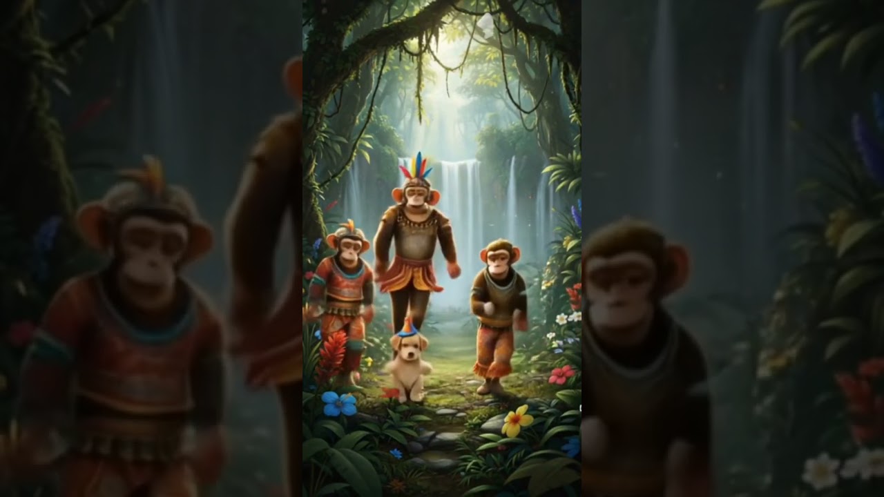 adorable 3 jungle monkey dancing with puppy |vibrant jungle | background jungle |jungle fun shorts