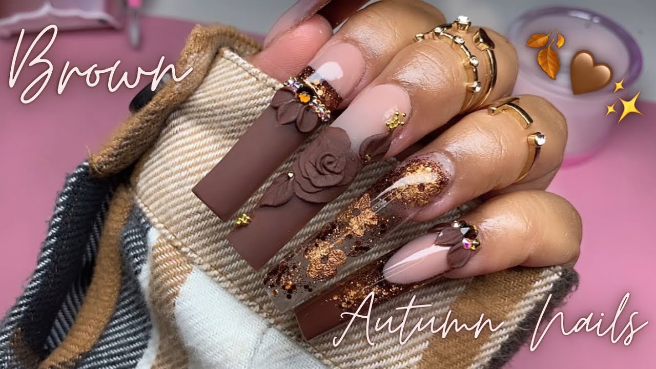 BROWN AUTUMN NAILS TUTORIAL 🍂🤎/ SQUARE NAILS/ ACRYLIC NAILS