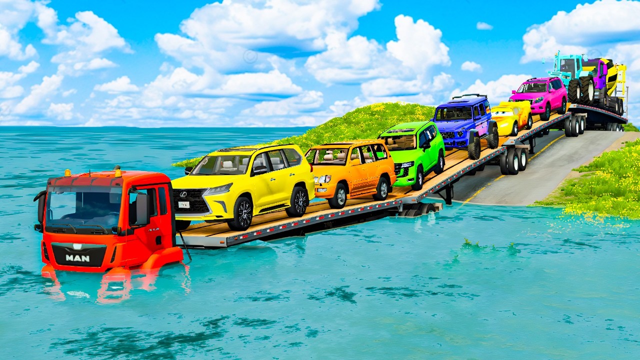 Flatbed Truck McQueen | Transportation with Truck - Pothole vs Car #2 | BeamNG.Drive