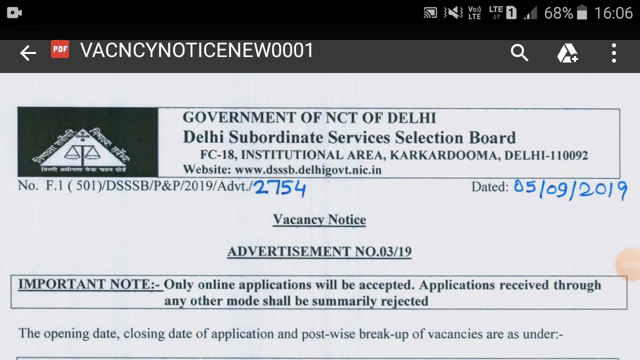 Dsssb latest prt vacancies notification out date 5sep 2019 ||