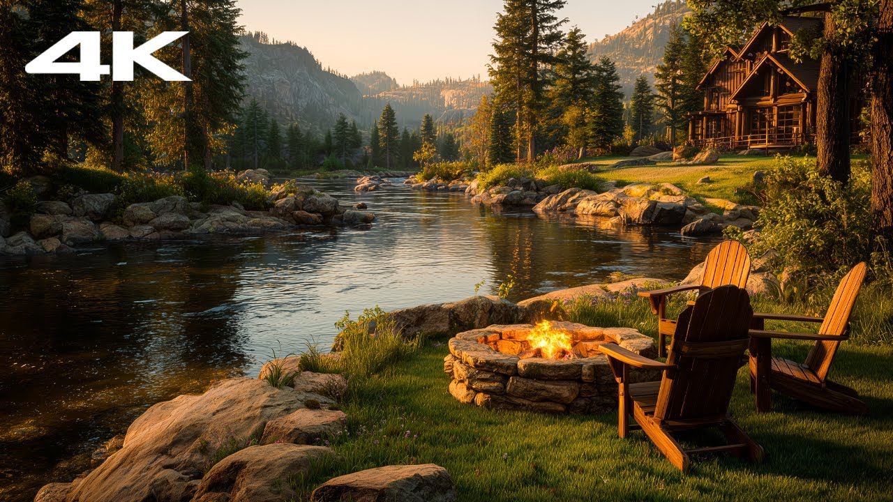 4K Cozy Lakeside Campfire in Spring Day 🔥 Nature Ambience & Soothing Piano for a Calm Evening