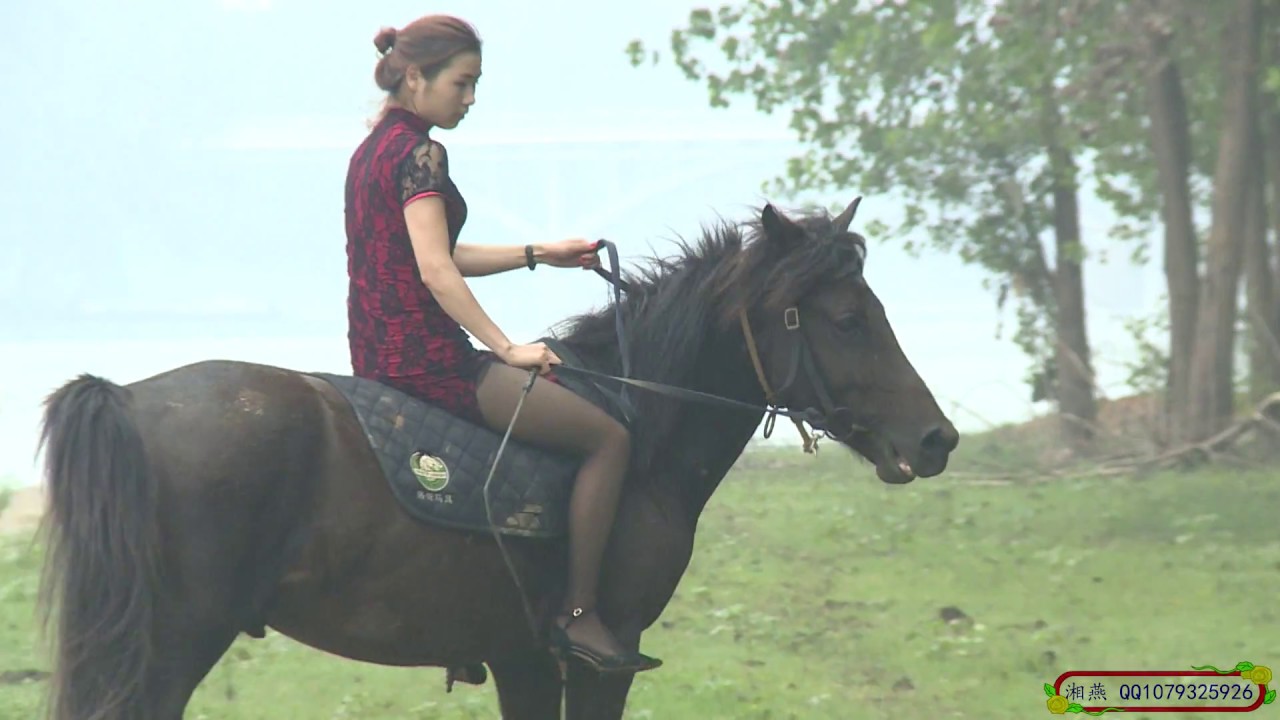 湘燕美女骑马之黑丝高跟鞋旗袍骣骑A Chinese girl riding a horse in black stockings and high heels