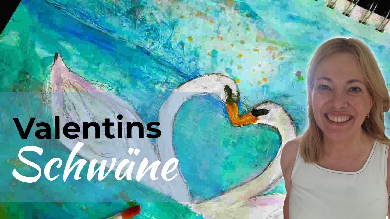 Schwäne malen einfach mit Acrylfarben - Valentinsbild