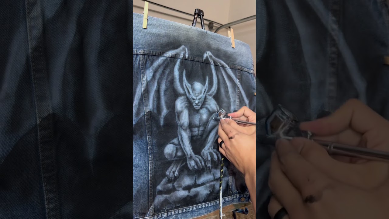 How to airbrush on a jacket #airbrush #gargoyles #diyfashion