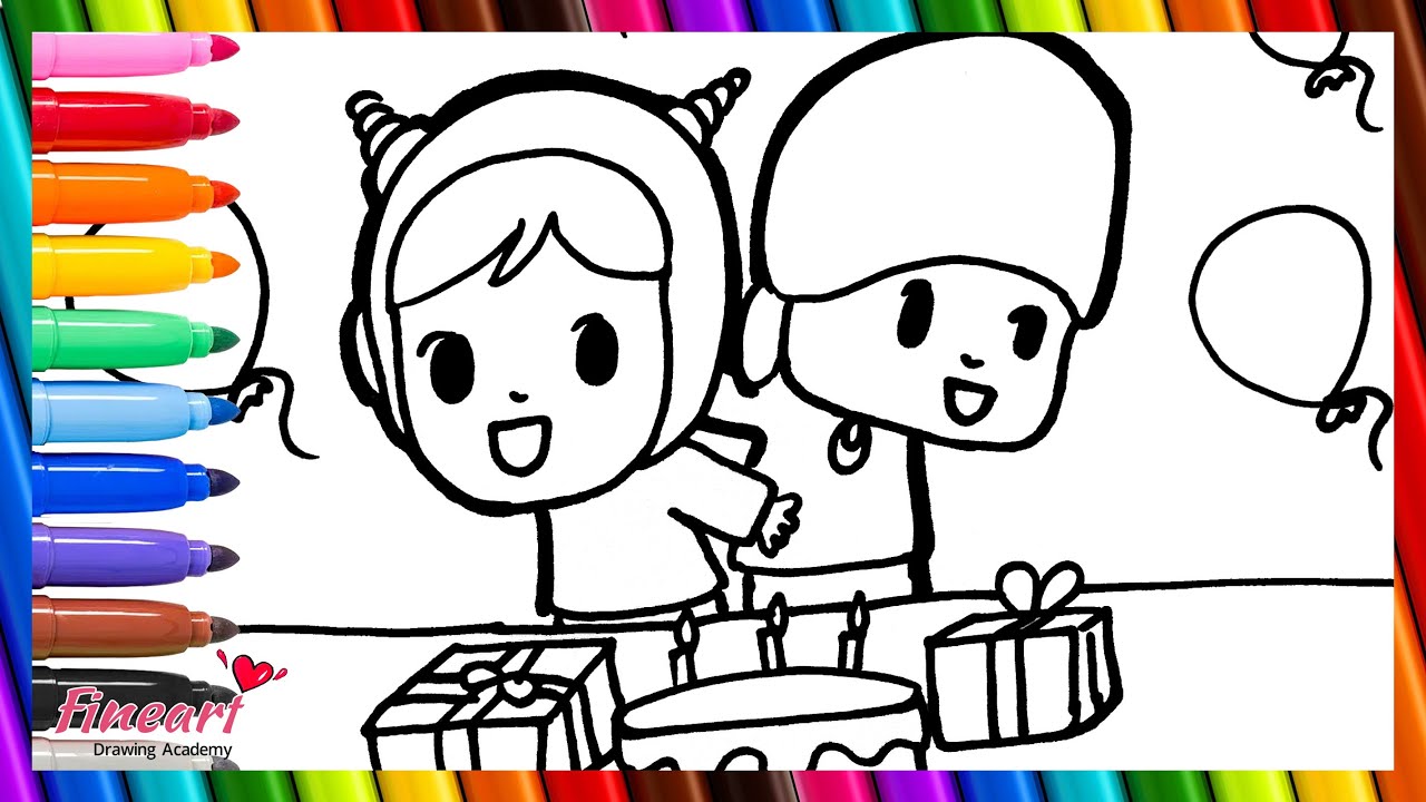 Draw and Color Pocoyo and Nina Celebrating Birthday party 👶🎂👧🎁🎉🌈 Drawings for Kids