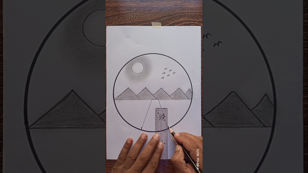 Scenery drawing/ circle drawing/ landscape drawing/village scenery drawing / nature drawing