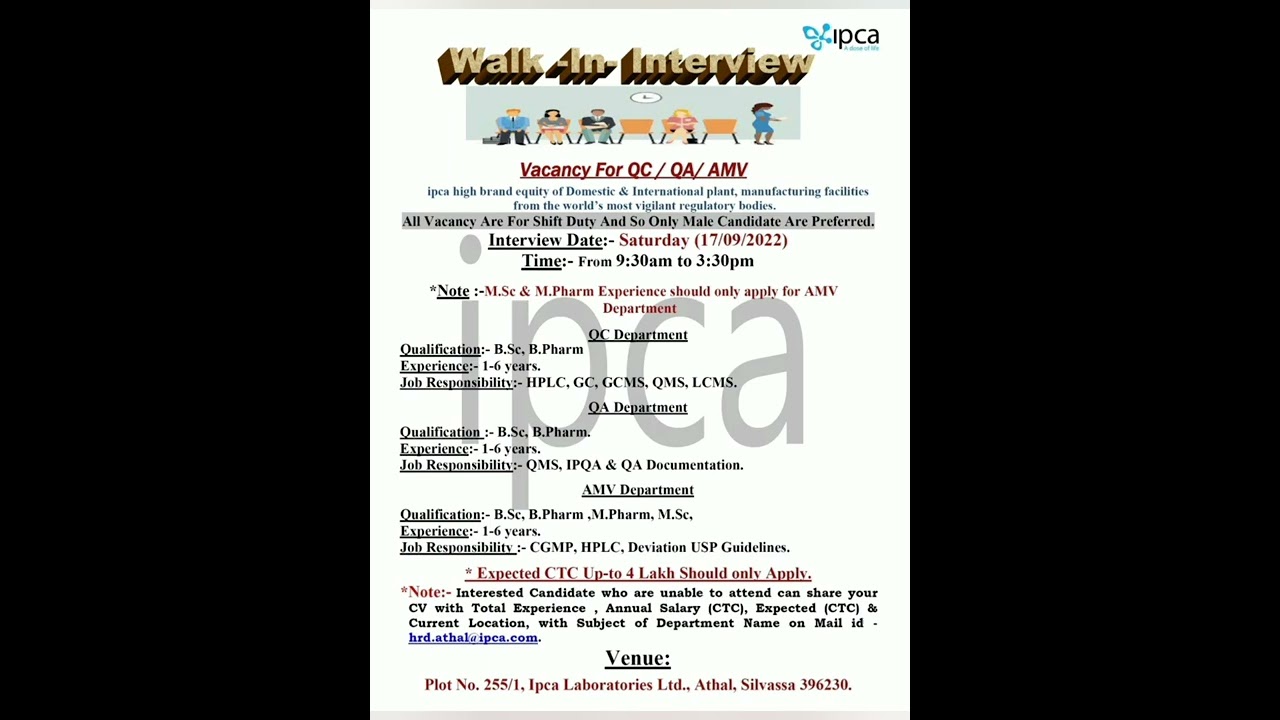 IPCA Laboratories - Walk-In Interviews for QA, QC, AMV on 17th Sep 2022