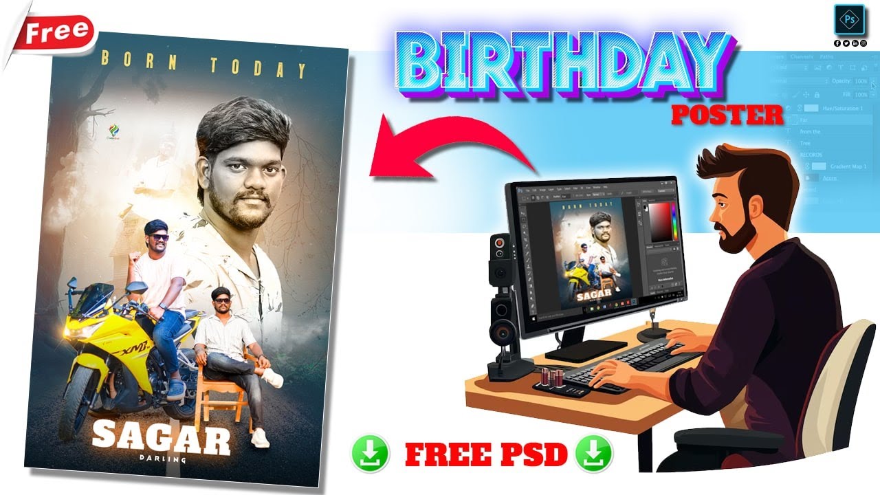 FREE Birthday Poster PSD File | Photoshop Birthday Editing Telugu || BGK HR CREATIONS #psdfiles