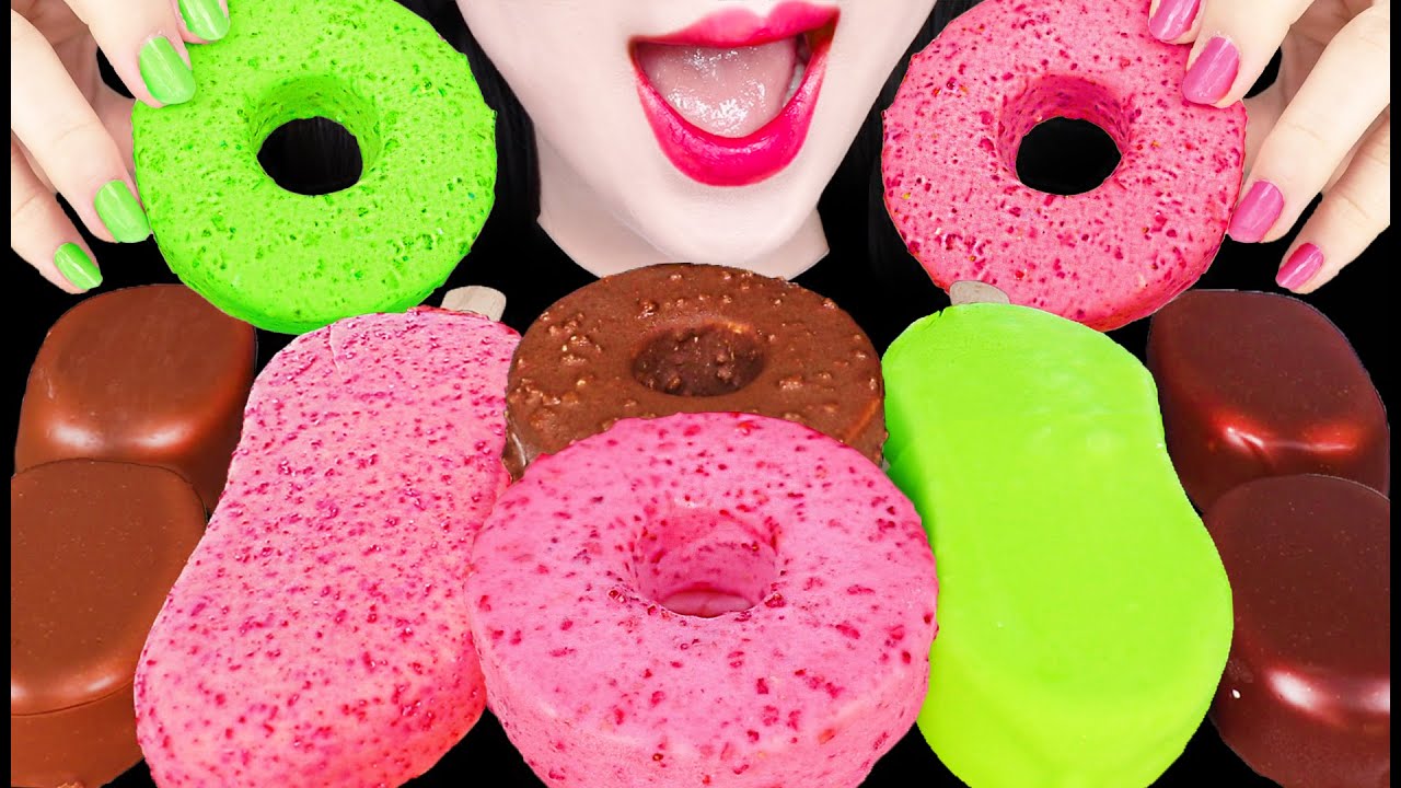 ASMR Pink Green Ice Cream, Chocolate 핑크 초록 아이스크림 먹방 Mukbang, Eating