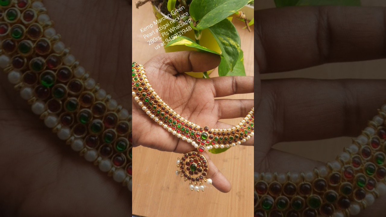 Kemp Maroon Green Pearl attigai necklace 280rs. Pls Whatsapp us at 9489121948 