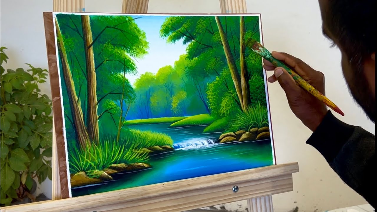 Nature Painting ￼// beautiful Landscape // Scenery //￼ River Acrylic Colour ￼ ￼Painting On Canvas 