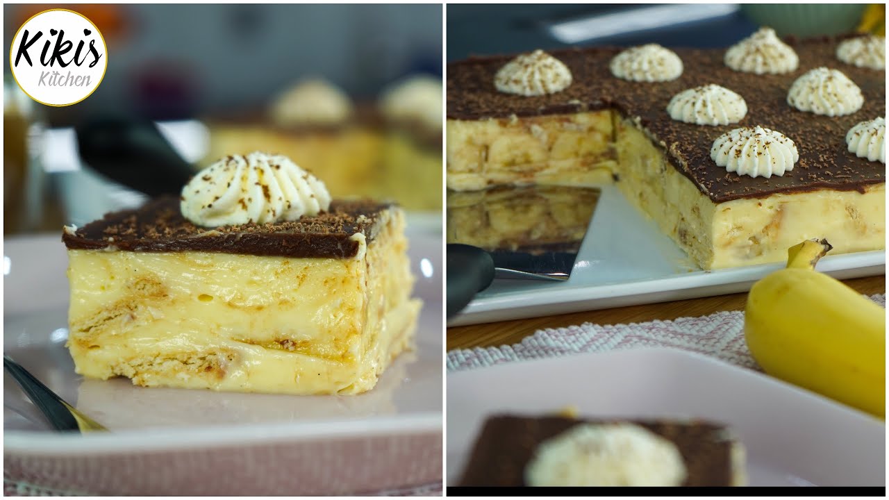Butterkeks-Bananen-Cremeschnitten OHNE Backen - cremiger Genuss mit Schokoglasur / Bananenschnitten