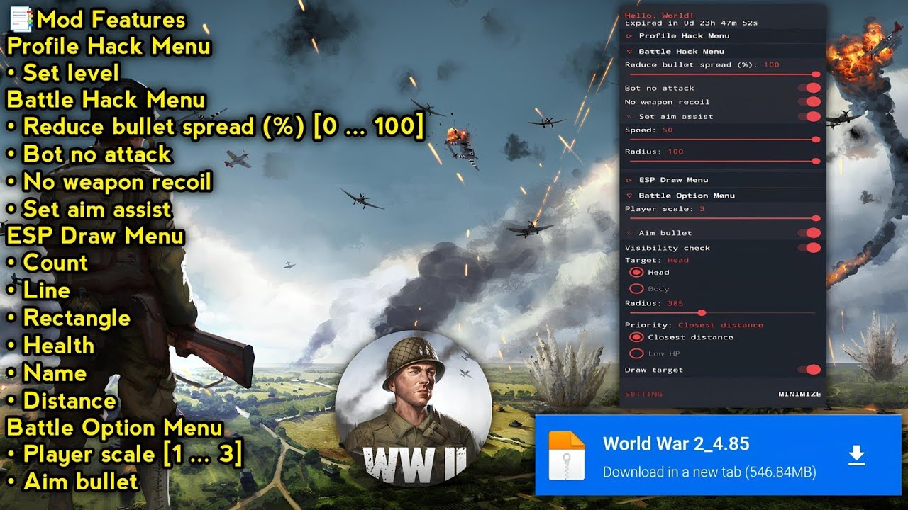 Меню мода World War 2 2025 v4.85 — автоматический выстрел в голову и линия Eps