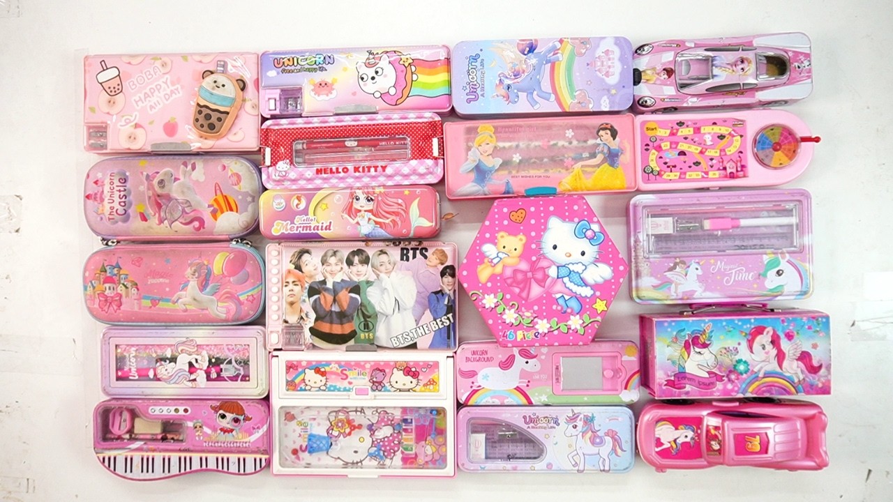 unboxing surprise unicorn stationery collection 😁 geometry,hello kitty,pencil box,sharpener,eraser