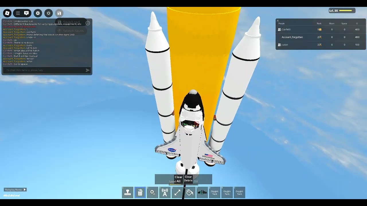 Space shuttle discovery takes off in build island