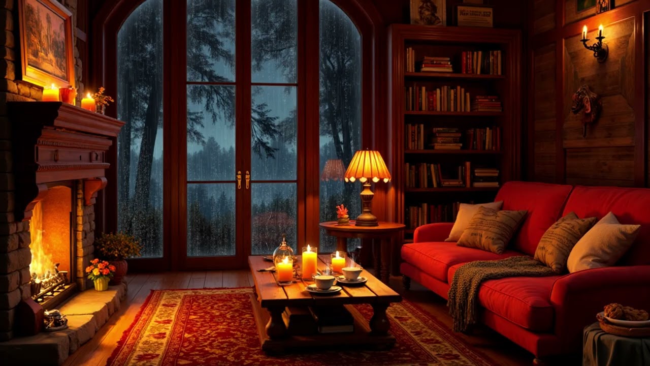 Rainy Evening in a Warm Cabin | Soft Jazz Piano, Fireplace Glow & Window Rain for Deep Relaxation