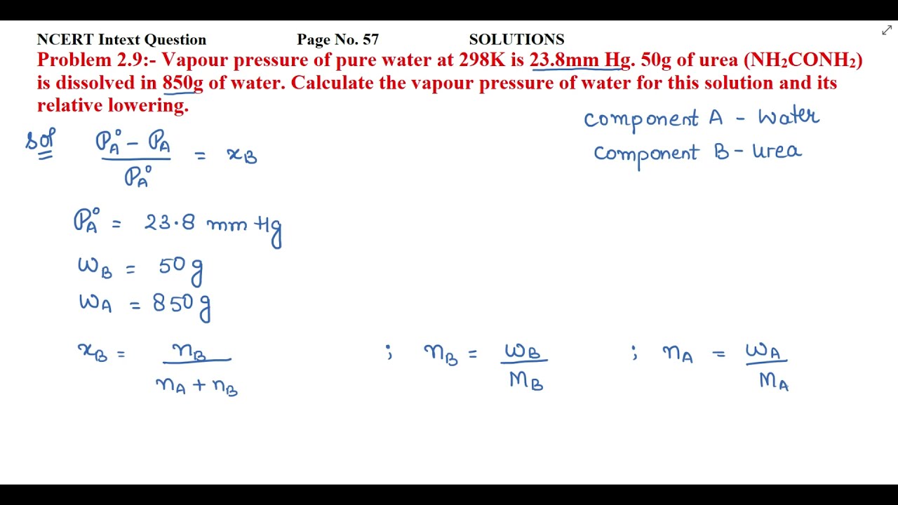 Vapour pressure of pure water at 298K is 23.8mm Hg. 50g of urea (NH2CONH2) is dissolved in 850g....