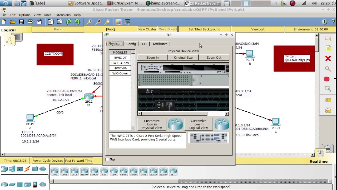 Configuring OSPFv3 IPv6 and OSPFv2 IPv4  Using Packet Tracer
