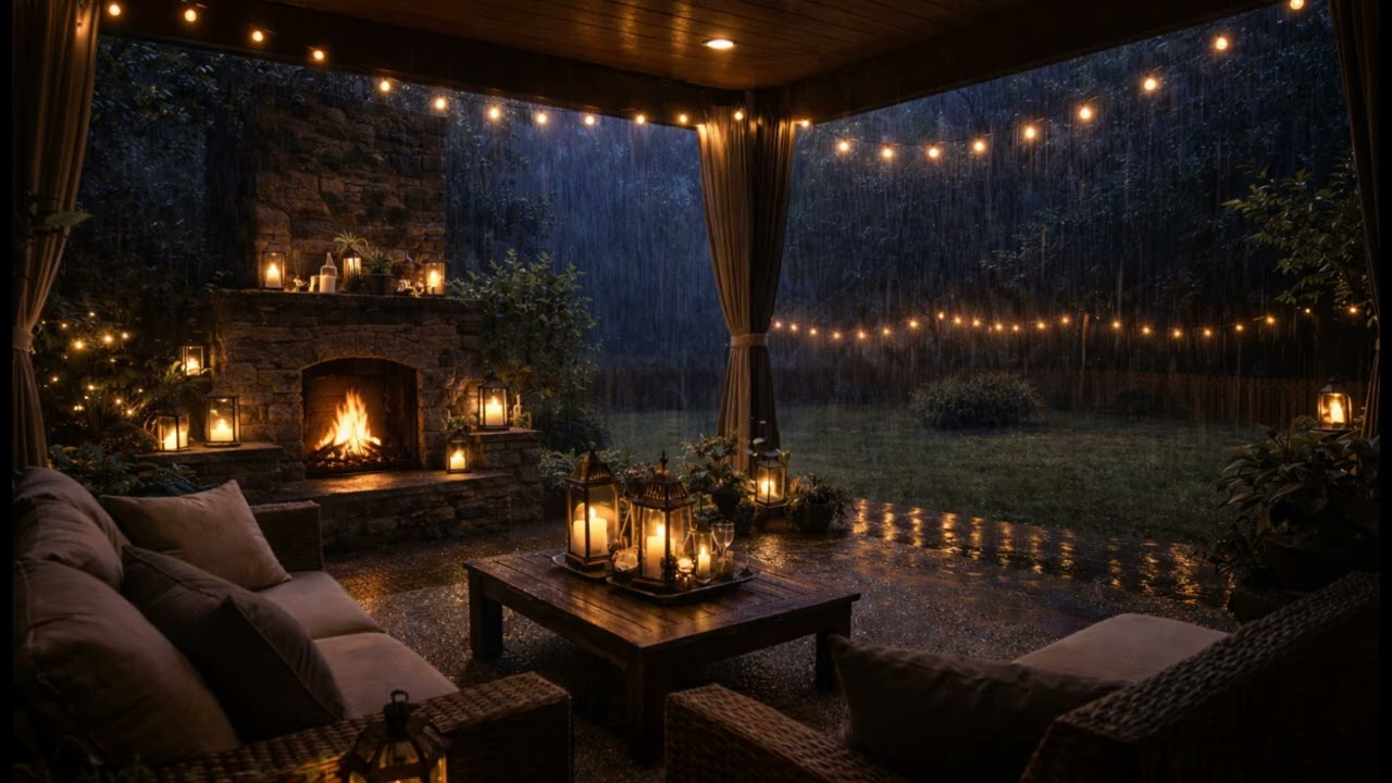Aesthetic Rainy Night Patio 🌧️✨ Cozy Fireplace Ambience