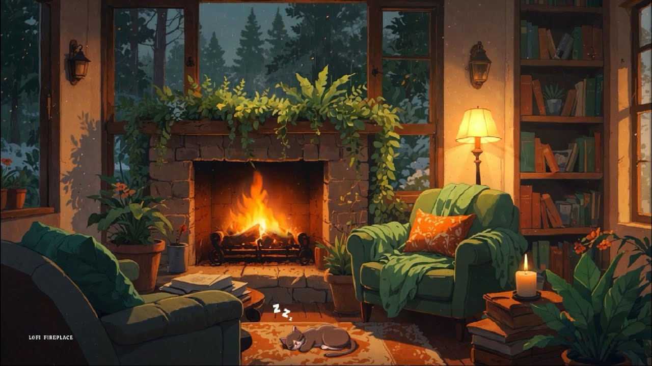 Rainy Fireplace Lofi | Cozy Ambience, Crackling Fire & Relaxing Rain Sounds