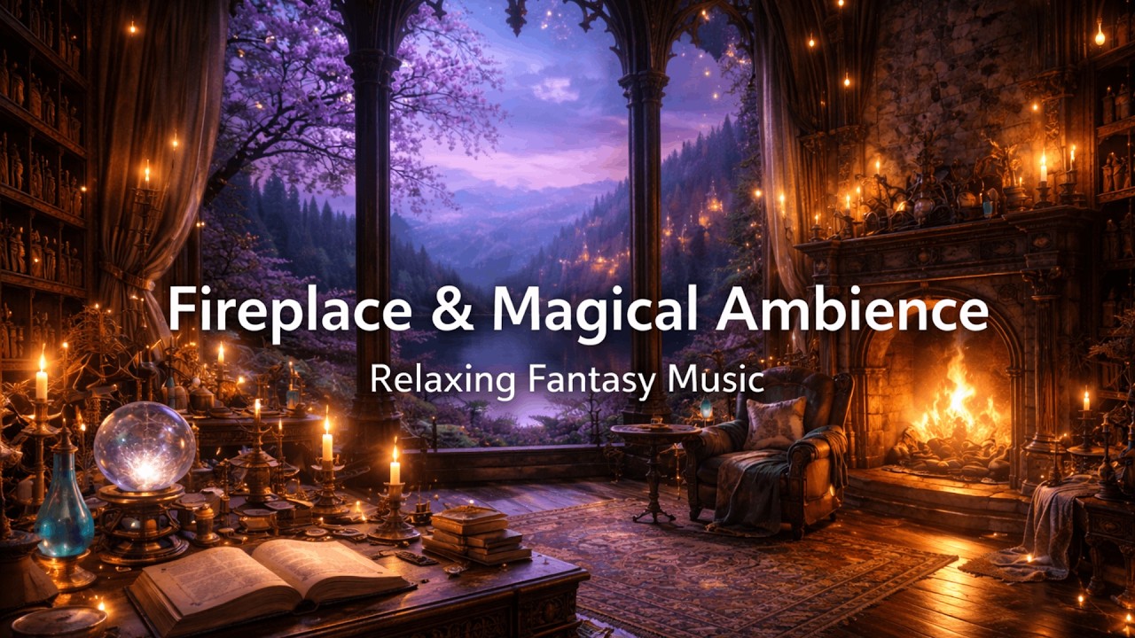 Magical Fireplace Ambience 🔥 Fantasy Library Night with Relaxing Music for Sleep & Study