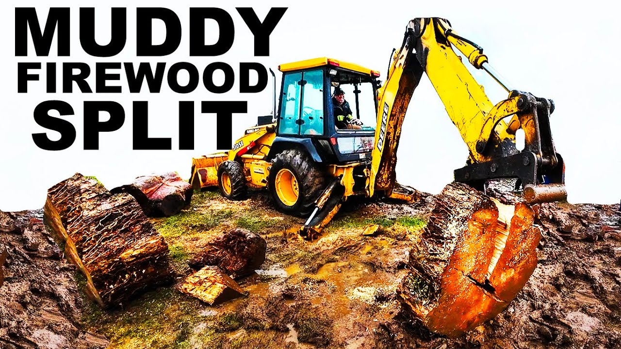AWESOME FIREWOOD SPLITTING BACK HOE ATTACHMENT CRUSHING MASSIVE ROUNDS!