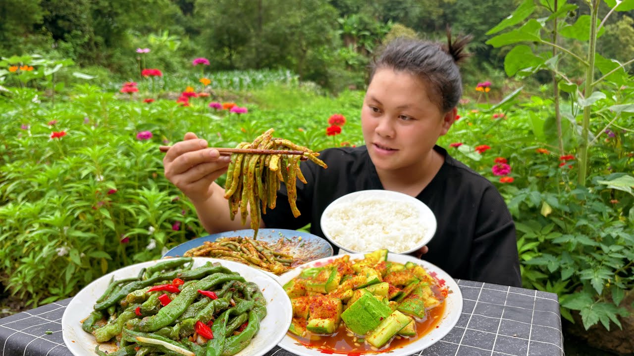 今天摘了很多辣椒豆角和黄瓜做几个下饭菜 picked a lot of fresh vegetables to make a delicious meal
