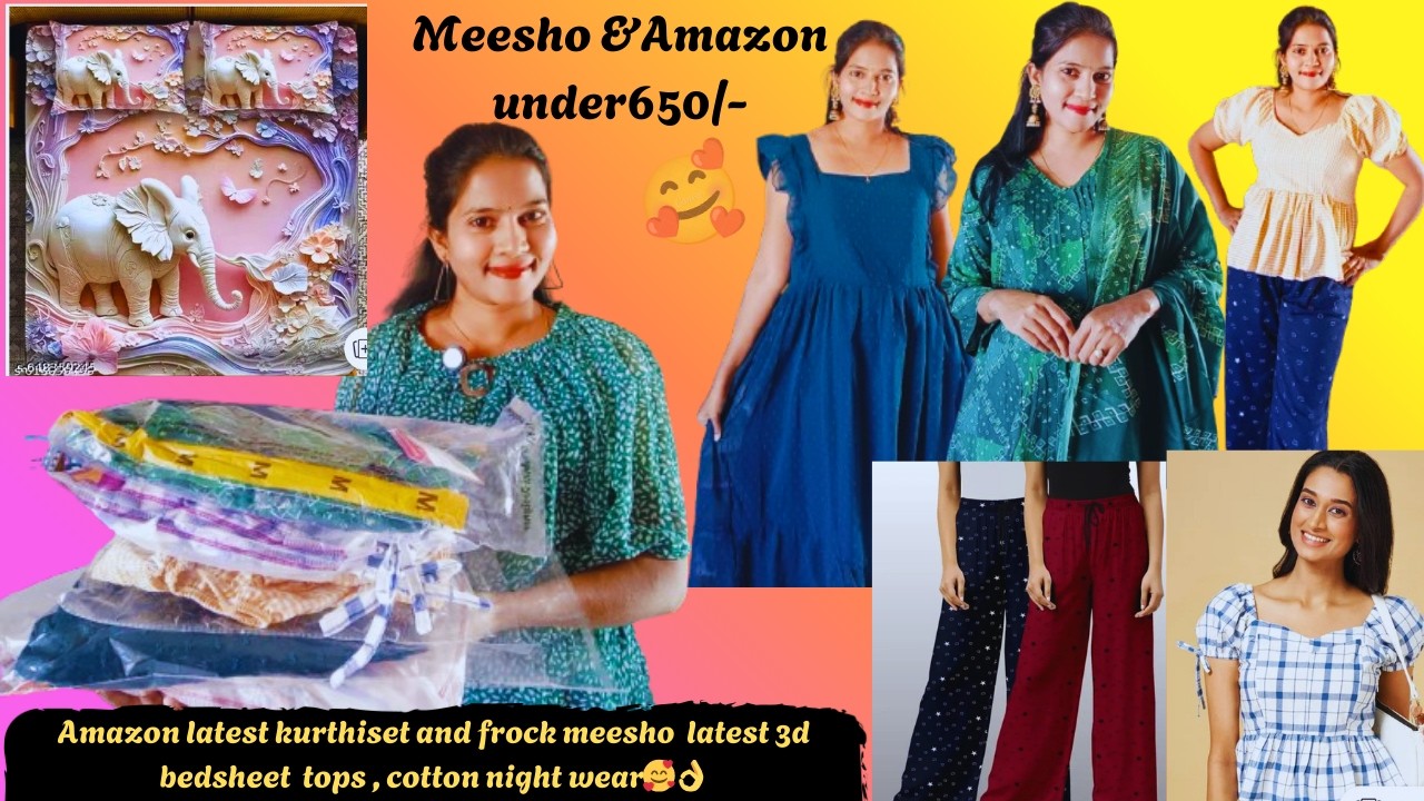 Amazon &meesho under650/- kurthiset and frock  meesho లో కొత్తగా వచ్చిన 3d bedsheetknight pants👖💄👌