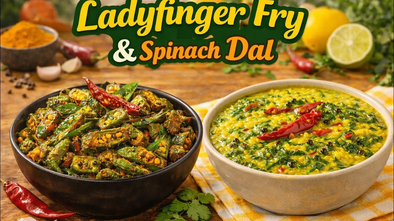 Ladyfingers fry and Spinach dal,Dinner preparation