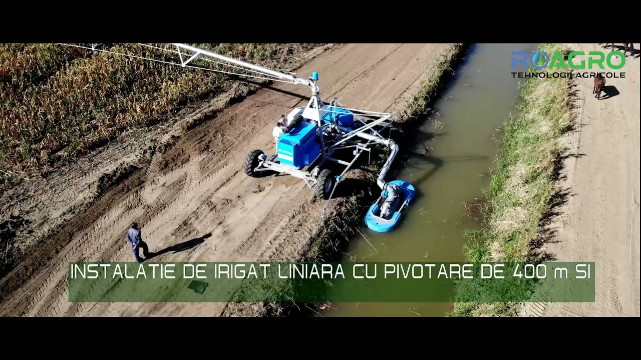 Instalatie de irigare in agricultura de tip liniara cu pivotare de 400 m si alimentare din canal