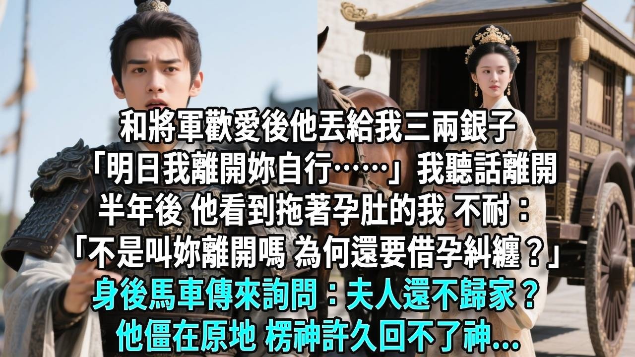 和將軍歡愛後他丟給我三兩銀子：「明日我離開，你自行……」我點頭，明白他想說什麼。半年後他看到拖著孕肚的我，不耐：「不是叫你離開嗎，為何還要借孕糾纏？」身後馬車傳來詢問：夫人還不歸家？他僵在原地，愣神許