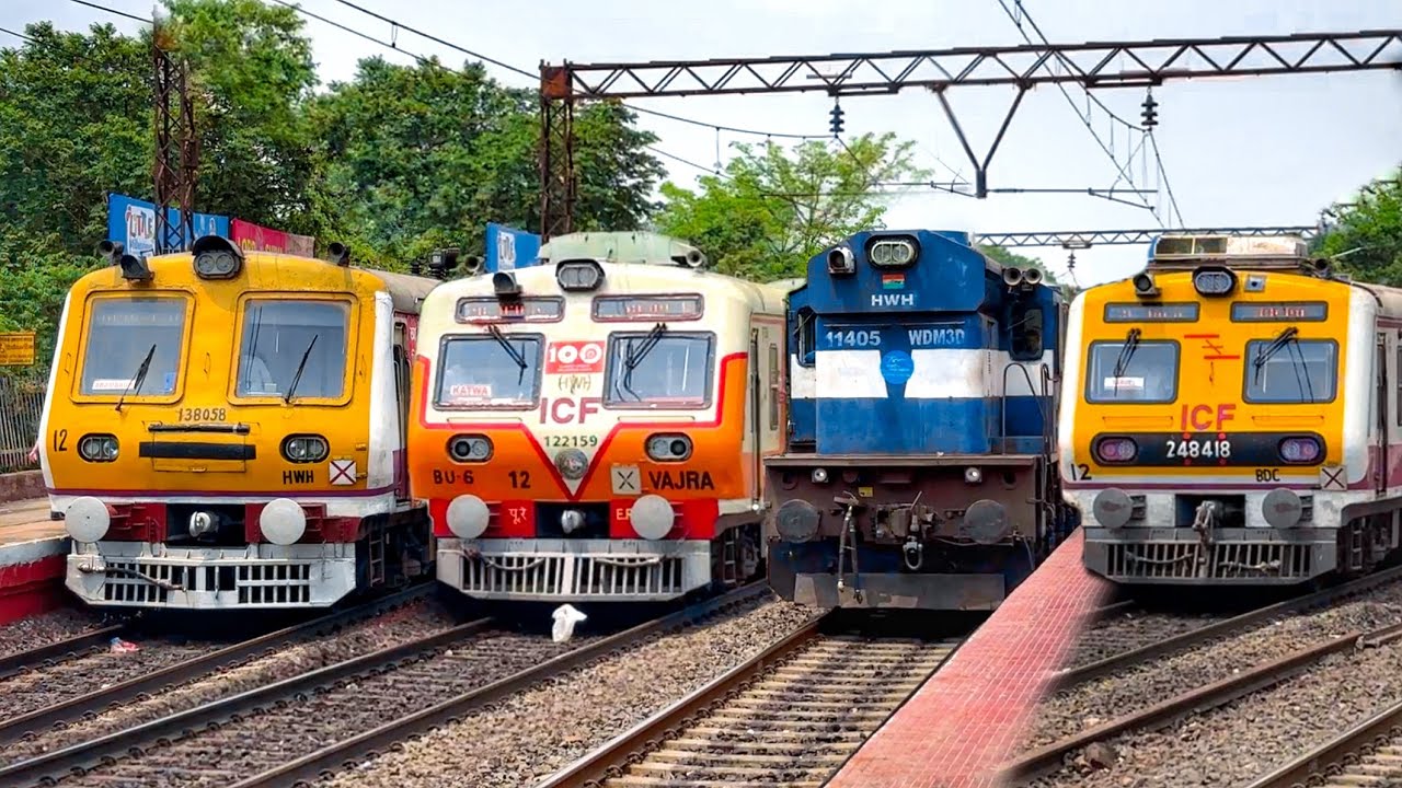 Back to Back Different types of Indian trains crossing at Hind Motor railway station.