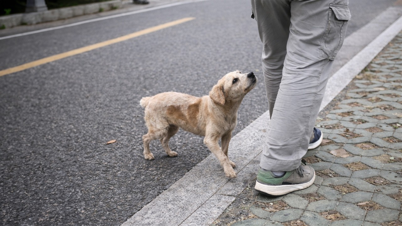 Not Knowing He Was Abandoned, the Old Dog Follows Strangers Begging for Help