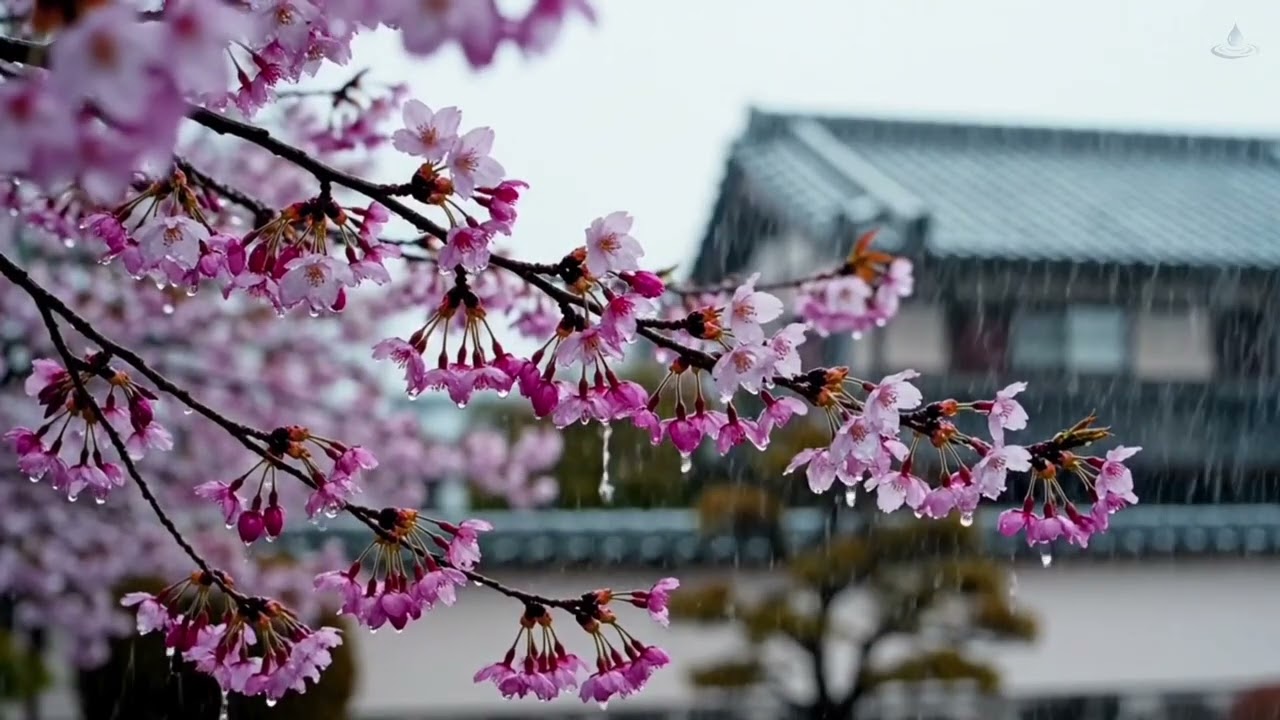 Cherry Blossom Rain in Kyoto Temple Garden | Japanese Ambient Music & Sound Rain for Deep Relaxation