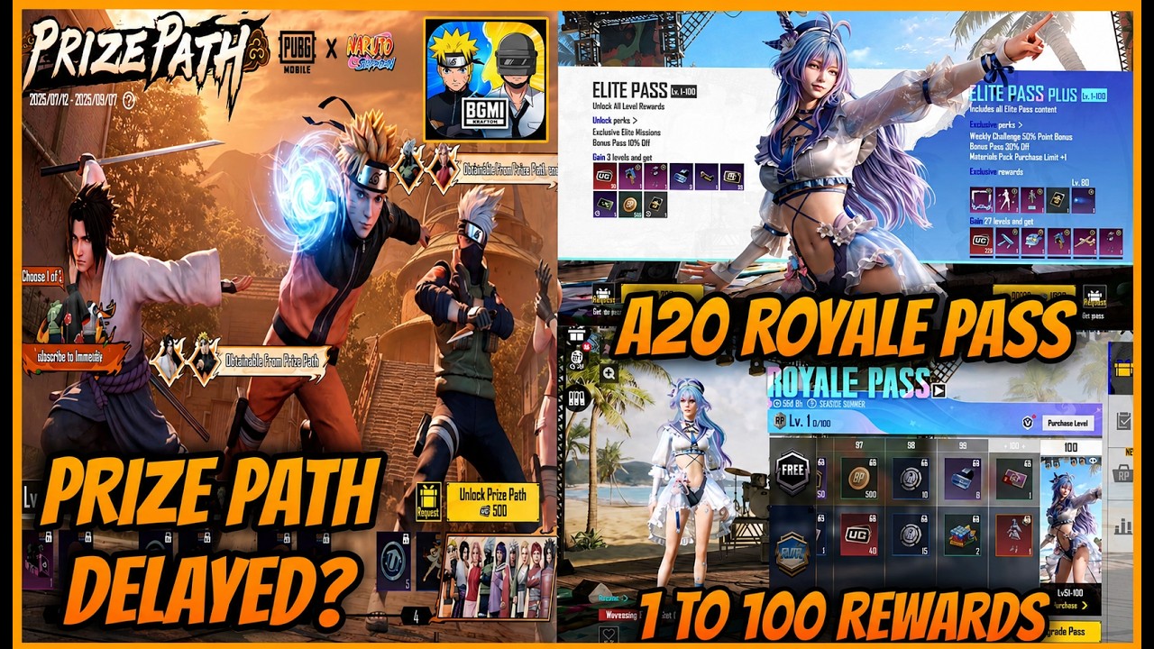 🔥A20 ROYAL PASS IS HERE - 1 TO 100 REWARDS l NARUTO PRIZE PATH AND LUCKY SPIN (BGMI)