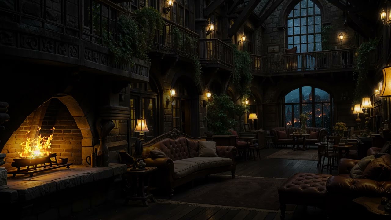 Calming Night Rain Within an Ancient Castle 🏰 Warm Hearth Sounds for Healing Sleep