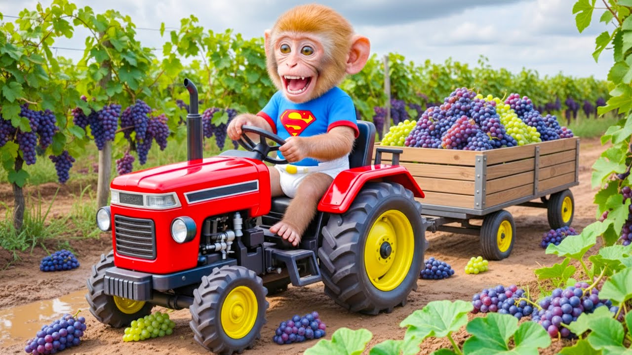 Monkey Farmer Drives Tractor to Harvest Ripe Grapes & Faces a Big Trouble | Monkey Farm Work
