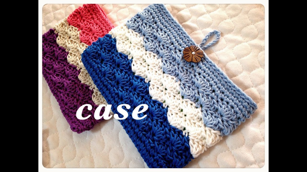 通帳ケースなどに♪３色で作るボタンループ付き収納ポーチの編み方♪Crochet☆鉤針入門☆かぎ針編み物