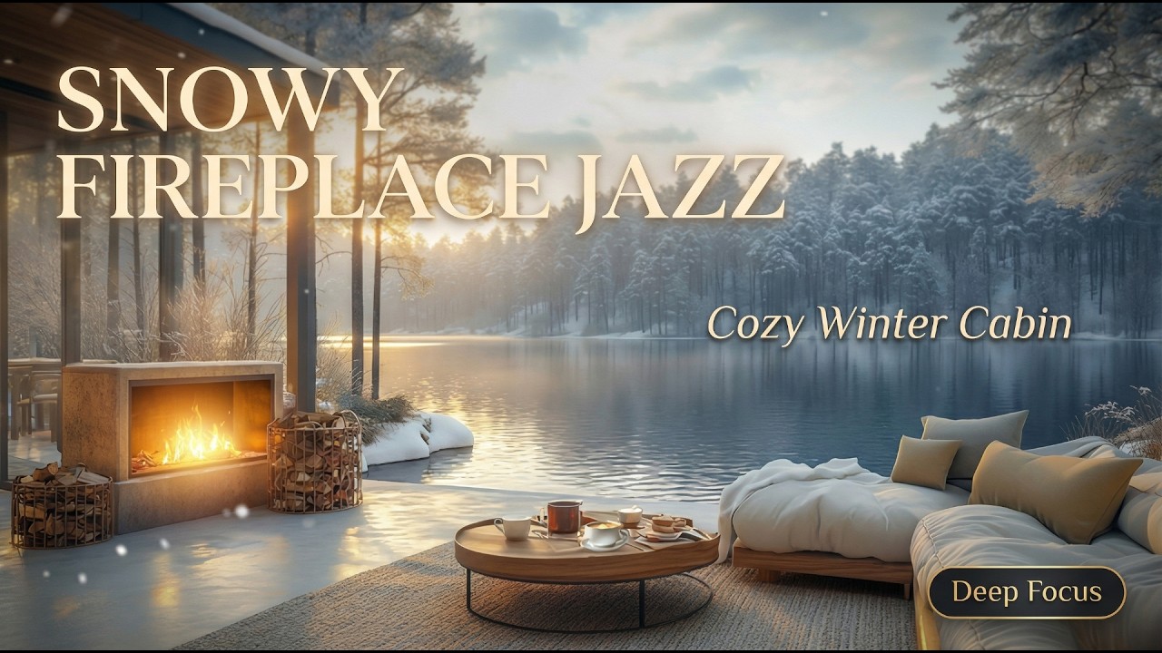 Snowy Lakeside Fireplace Jazz ❄️ | Cozy Winter Cabin Ambience for Deep Focus & Relaxation