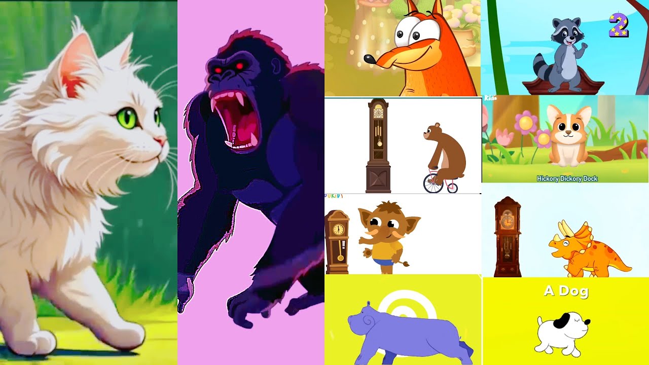 Hickory Dickory Dock || A Friendly Cat vs Angry Kingkong + More Funny Animals || Climb up the Clock