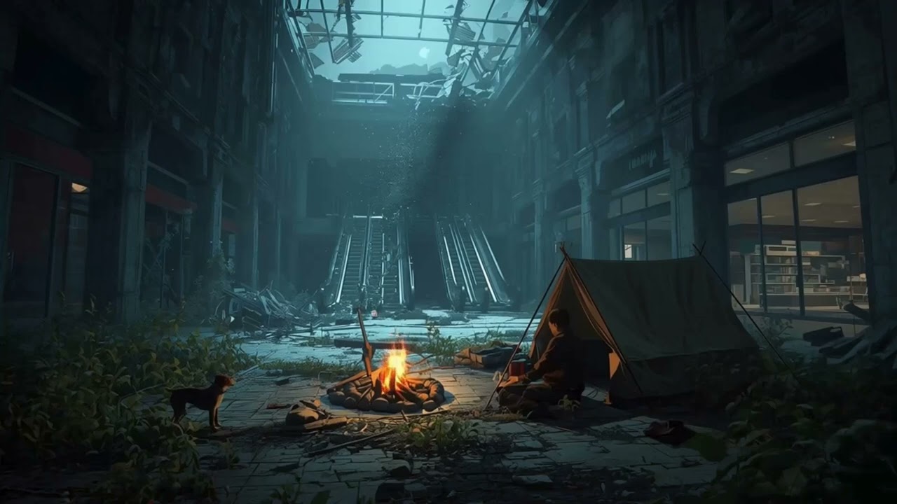 Camping Inside An Abandoned Mall || 4 Hours Post Apocalyptic Ambience