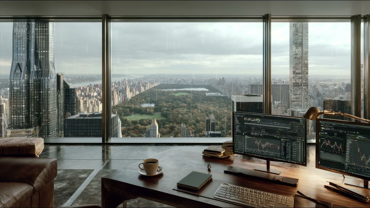 Rainy Manhattan Executive Office 🌧️ Jazz Music for Office Work & Financial Focus