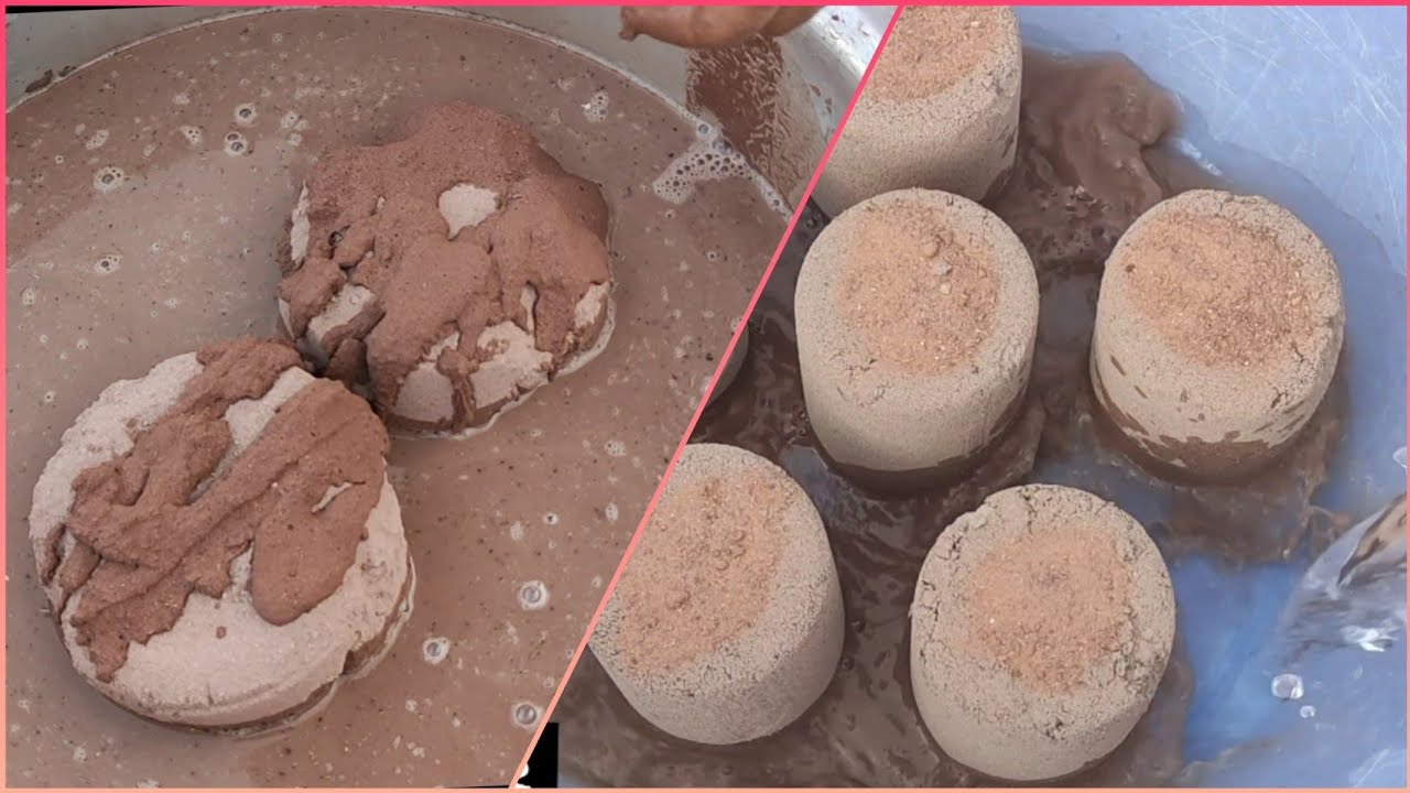 ASMR:super soft dusty red dirt+cement crumbling+dipping in water/#2 vid com/mouthwatering texture