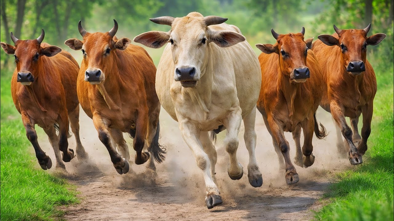 Video puluhan sapi lembu ternak berlari berkerumunan melewati jalur hutan berlumpur, anak lembu lucu