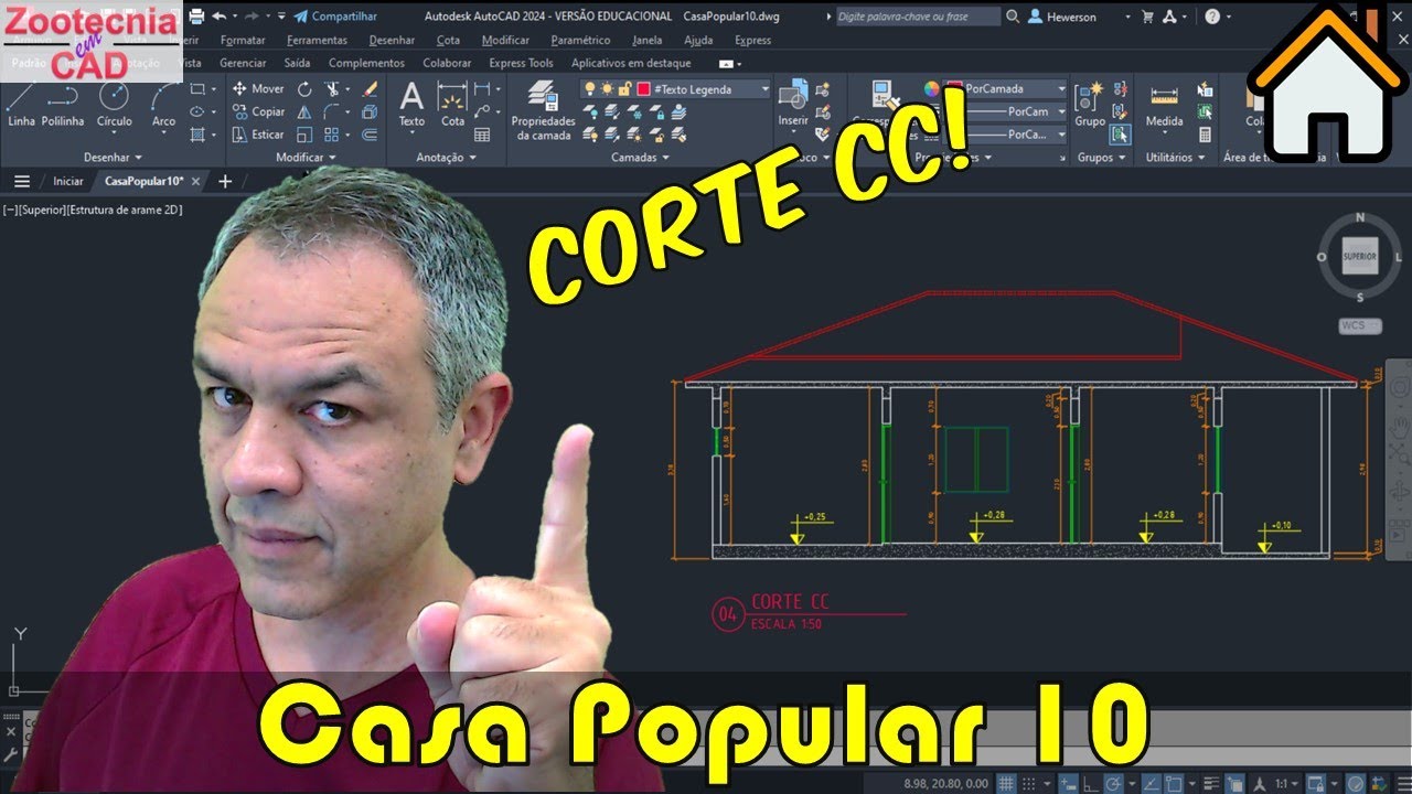Casa Popular 10: Corte CC em AutoCAD